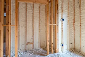Walls with spray foam insulation in new house construction